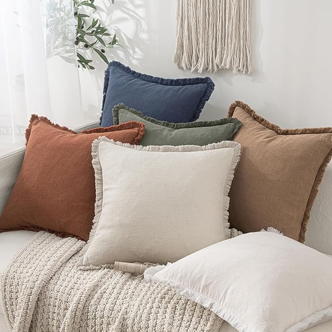 MIULEE Decorative Throw Pillow Covers Neutral Linen Fringe Throw Pillows Euro Shams Set of 2 Brick Boho Farmhouse Cushion Covers for Couch Sofa Bed Living Room Spring Home Decor 22x22 Inch