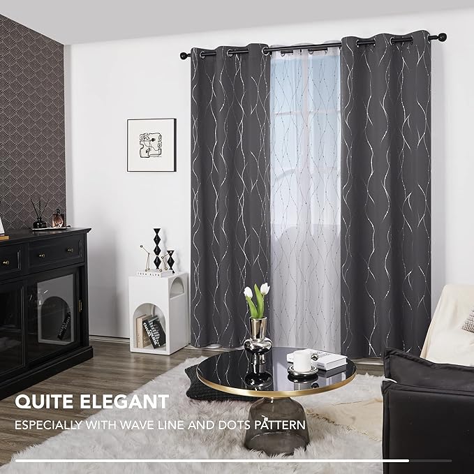 Deconovo Grey Blackout Curtains for Bedroom, Thermal Insulated Soundproof Drapes, Wave Dots Foil Print, 38 x 84 Inches Long, 2 Panels, Machine‑Washable Privacy Window Panel for Living Room Patio Door