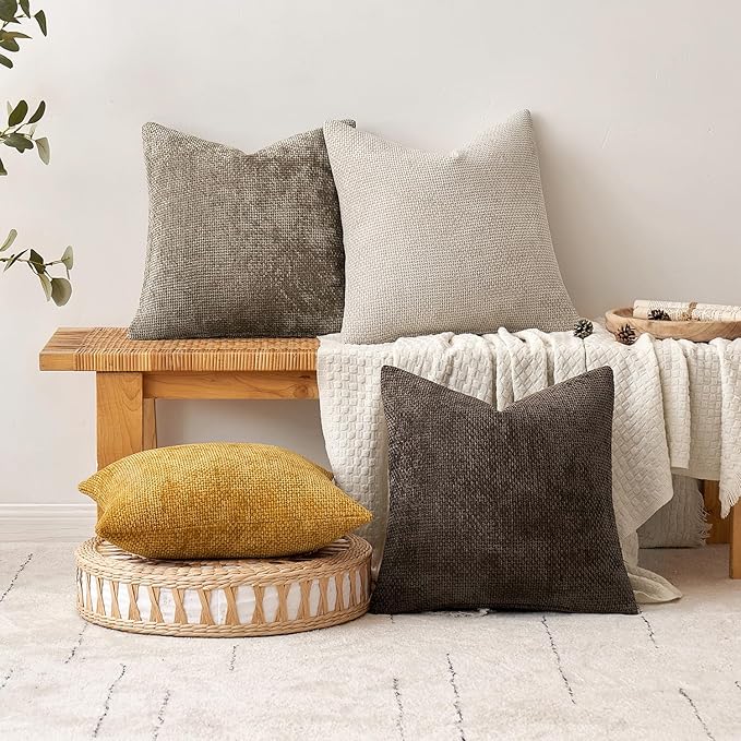 MIULEE Pack of 2 Couch Throw Pillow Covers 18x18 Inch Neutral Gold Modern Boho Accent Decorative Pillow Covers Soft Chenille Farmhouse Cushion Covers for Home Decor Bed Sofa Living Room