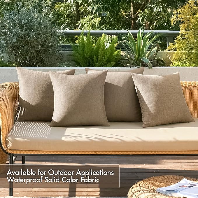 MIULEE Pack of 4 Decorative Outdoor Throw Pillow Covers Linen Waterproof Pillow Covers Farmhouse Cushion Cases for Patio Garden Tent Balcony Couch Sofa 18x18 inch Khaki