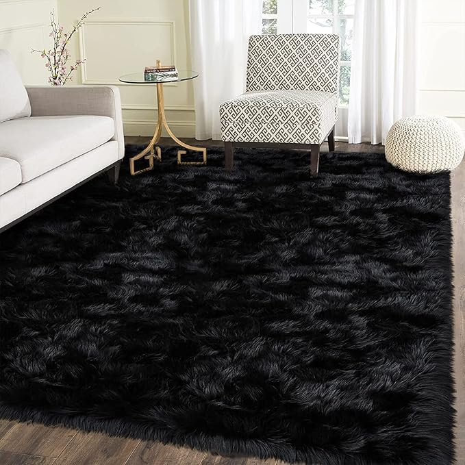 Latepis Black Rug for Living Room Faux Fur 5x6.7 Fluffy Rug Washable Sheepskin Rugs for Bedroom Bedside Dorm Luxury Home Décor, Rectangle