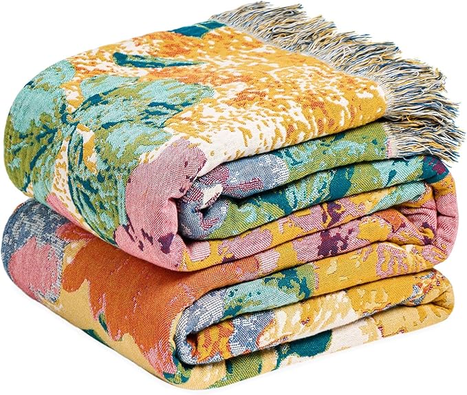 MSGKV Boho Throw Blanket for Couch 50"x60" Cotton Floral Blankets for Sofa Chair Spring Breathable Farmhouse Home Decor All Seasons Lightweight Muslin