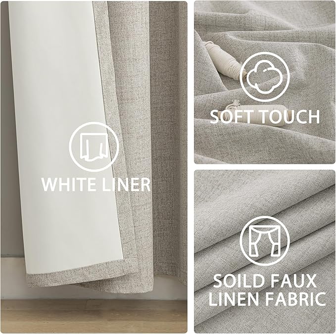 Yakamok Oatmeal Linen Curtains 100% Blackout 84 Inches Long,Room Darkening Textured Curtains for Living Room Thermal Grommet Bedroom Curtains 2 Panels with White Liner