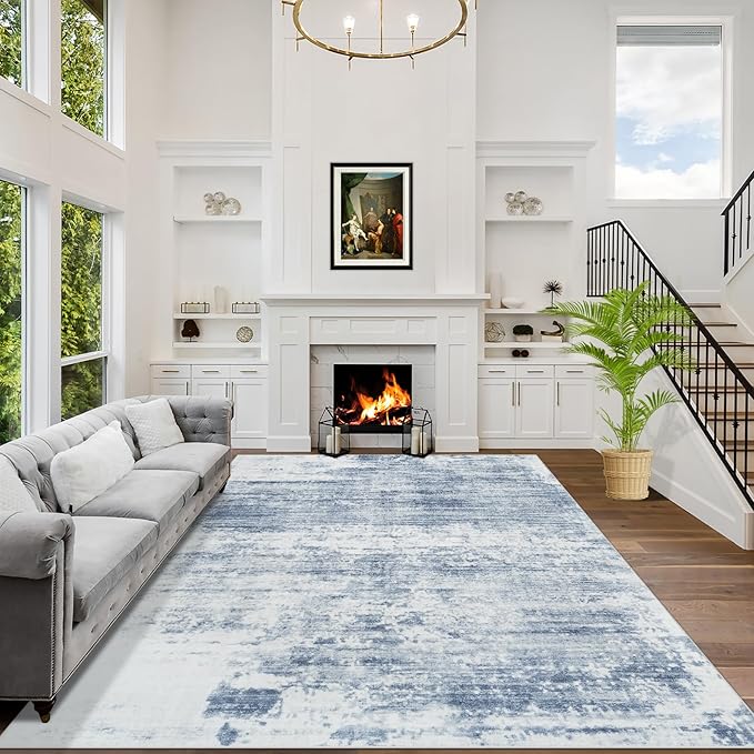 6x9 Area Rugs Washable Rug: Large Modern Abstract Living Room Rug Soft Anti-Skid Thin Carpet Indoor Floor Non-Shedding Carpets for Bedroom Dining Room Farmhouse Nursery Home Office Blue White