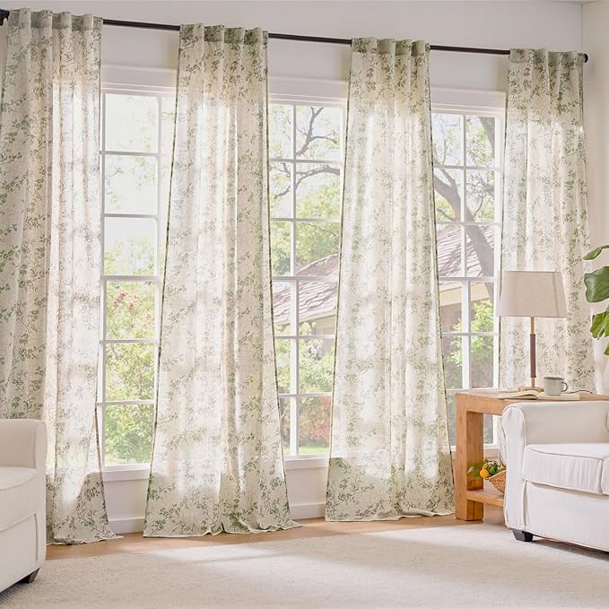 Lazzzy Green Floral Linen Curtains 96 Inch Farmhouse Back Tab Drapes for Living Room Bedroom Light Filtering Vintage Grandmillennial Rod Pocket Curtains, 2 Panels, W38 x L96, Green on Beige