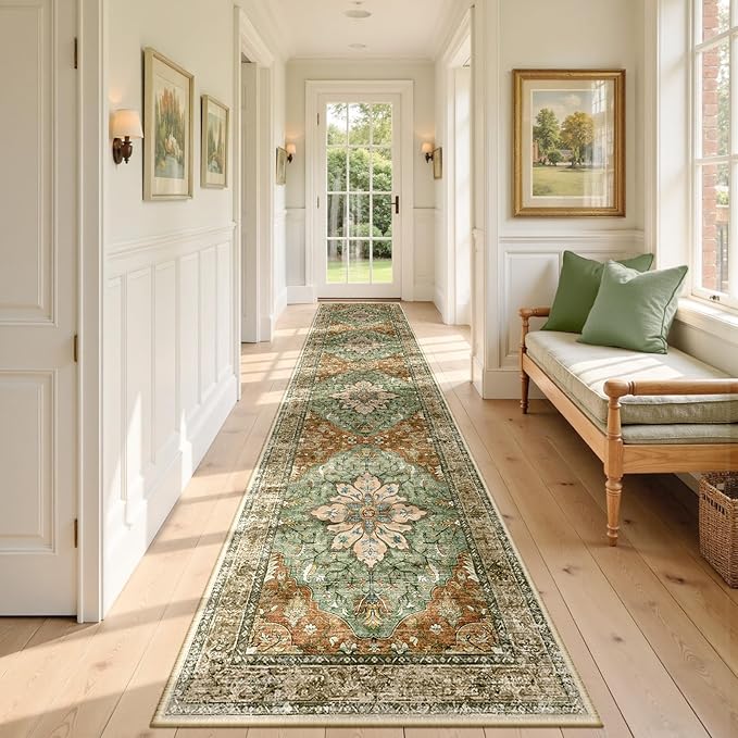 Area Rugs 2'x9' Runner Rug Non Slip Washable for Kitchen Hallway Bedroom Beside Laundry Room Bathroom Rug, Floor Carpet, Brick Red Rust Neutral Brown Burnt Orange Green