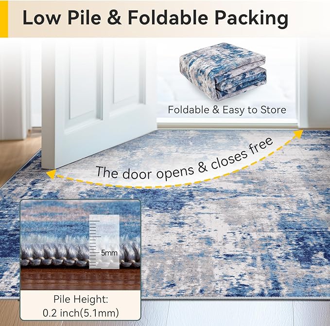 Washable Area Rugs 3x7 Non-Slip Modern Abstract Soft for Living Room Entryway Bedroom Nursery, Print Pattern, Blue Grey Navy Gray