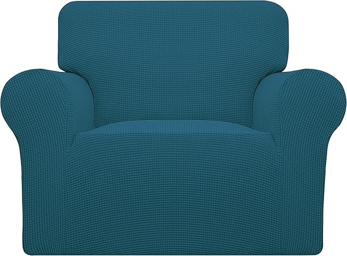 Easy-Going Stretch Chair Sofa Slipcover 1-Piece Couch Sofa Cover Furniture Protector Soft with Elastic Bottom for Kids, Pet. Spandex Jacquard Fabric Small Checks (Chair, Peacock Blue)