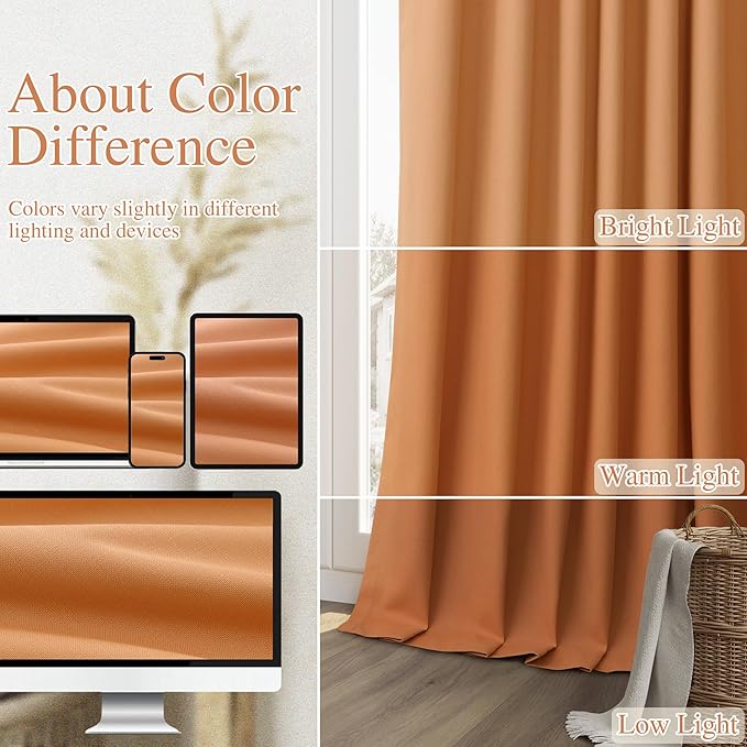 Guken Orange 100% Blackout Linen Curtains 108 Inch Length 2 Panels Set for Living Room Bedroom Back Tab Thermal Insulated Black Out Drapes Room Darkening Farmhouse Window Curtains 52x108