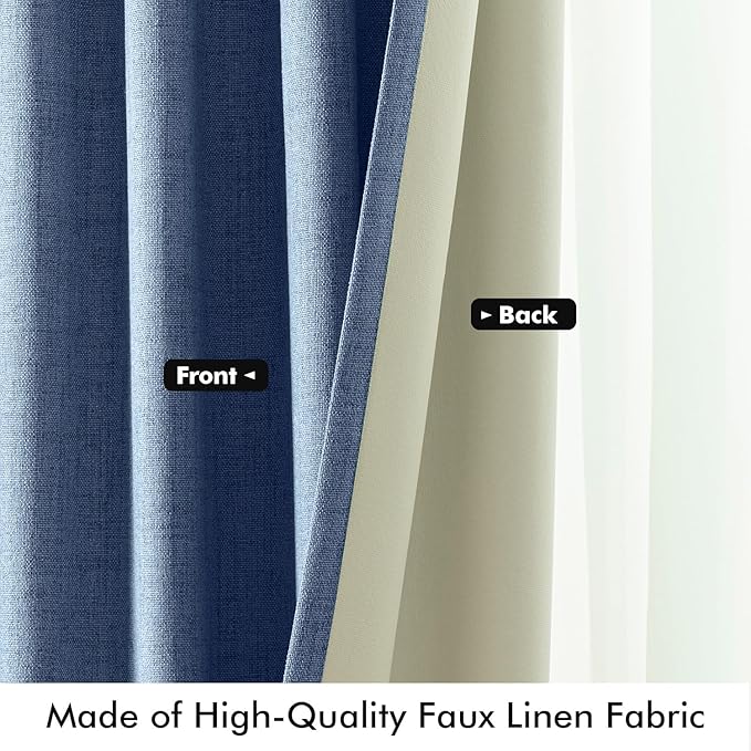 MIULEE 100% Blackout Linen Curtains for Bedroom, Blue Solid Luxury Decor Thermal Insulation Room Darkening Drapes for Living Room Nursery Back Tab Rod Pocket 42 x 84 Inches, 2 Panels