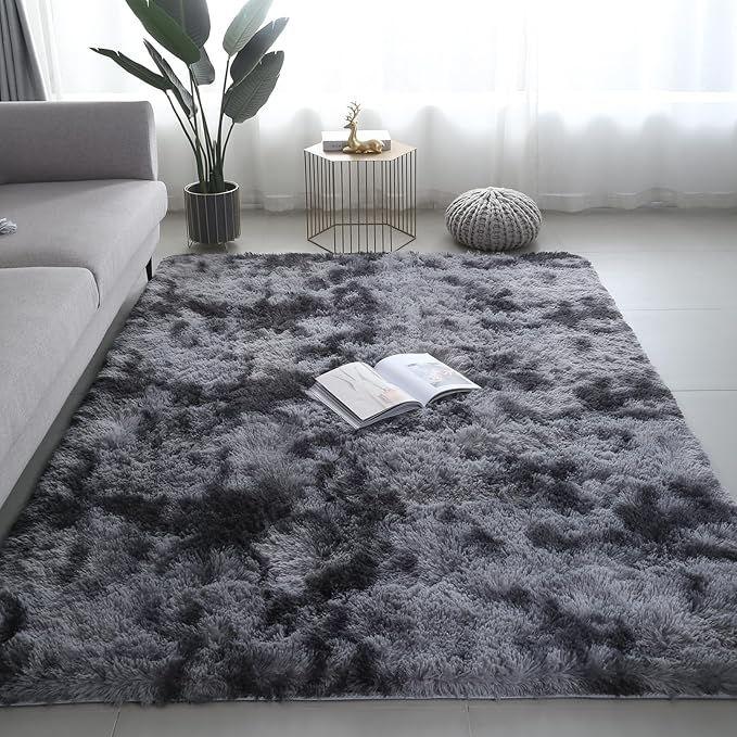 Shag Area Rugs for Bedroom Living Room,5X8 Ultra Soft Fluffy Area Rugs for Dorm, Indoor Carpet Nursery Rugs for Kids Room Home Decor, Black Grey