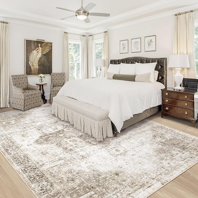 Area Rug 8x10 Washable Rug, Vintage Boho Medallion Rugs Non-Slip Soft Low Pile Large Distressed Rug Indoor Retro Carpet for Living Room Bedroom Dining Room Home Office (Taupe, 8'x10')