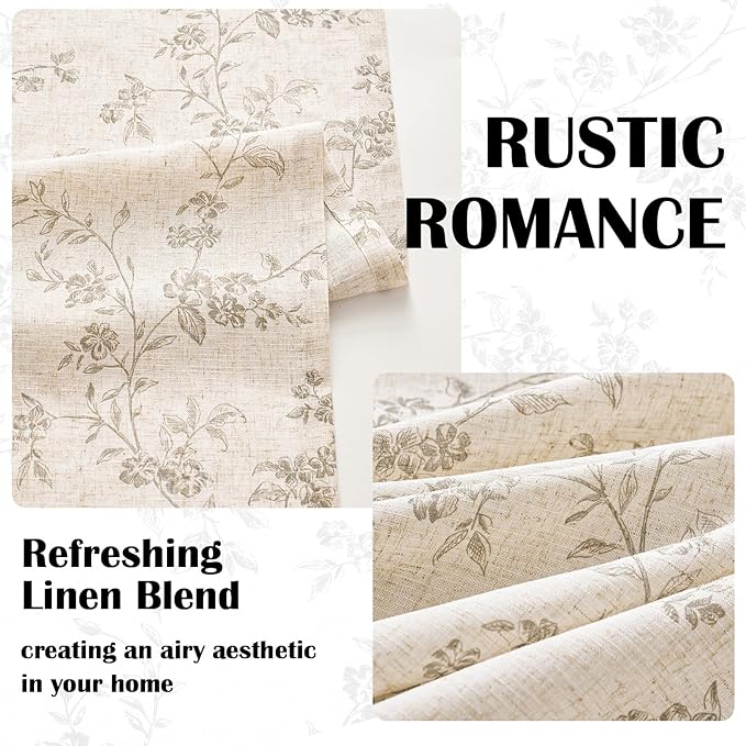 Lazzzy Floral Linen Curtains Farmhouse Extra Long Curtain for Living Room Bedroom Light Filtering Vintage Rod Pocket Back Tab Drapes for Home, 2 Panels, Gray on Beige, W38 X L108
