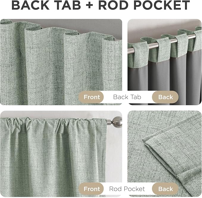 Joydeco Linen Blackout Curtains for Bedroom - 100% Light Blocking 1 Panels, Sage Green Drapes 70" W x 108" L, Thermal Insulated Room Darkening Curtains for Living Room, Rod Pocket & Back Tabs