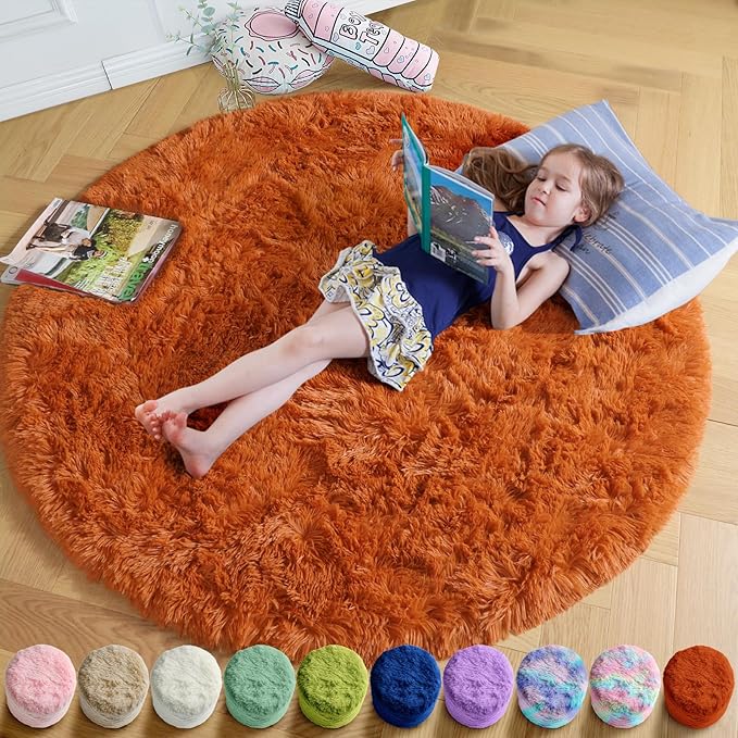 Amdrebio Burnt Orange Round Circle Rug 4Ft for Bedroom Living Room Decor Aesthetic, Fluffy Furry Fuzzy Shaggy Area Rugs for Kids Room, Small Plush Shag Dark Orange Carpet for Nursery Dorm Classroom