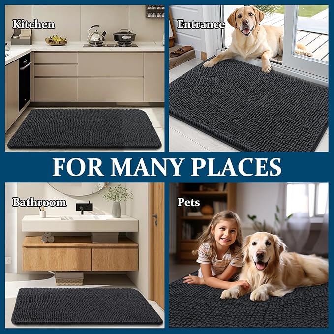 OLANLY Dog Door Mat for Muddy Paws 47x17, Absorbs Moisture and Dirt, Absorbent Non-Slip Washable Doormat, Quick Dry Chenille Mud Mat for Dogs, Entry Indoor Entryway Carpet for Inside Floor, Dark Grey