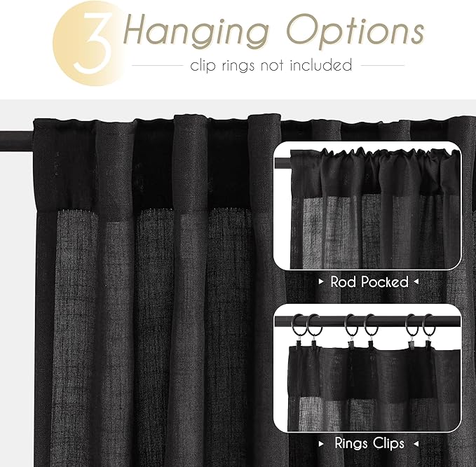 Black Linen Curtains 90 inches Long for Bedroom Back Tab Light Filtering Privacy Semi Sheer Black Curtains Living Room Boho Rustic Farmhouse Cotton Textured Gauze Curtain 2 Panel Set