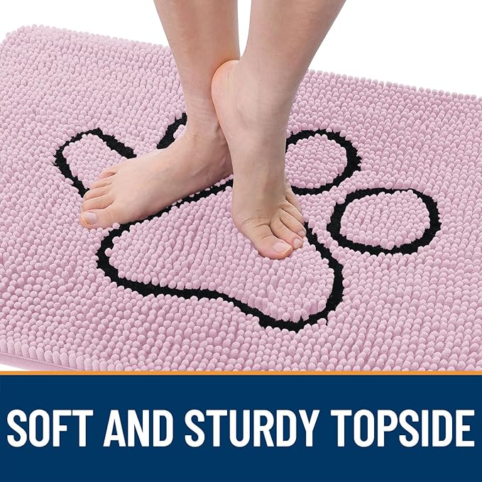 OLANLY Dog Door Mat for Muddy Paws 36x24, Paw Print Design, Absorbs Moisture and Dirt, Non-Slip Washable Doormat, Quick Dry Chenille Mud Mat for Dogs, Entry Indoor Entryway Carpet, Dusty Rose