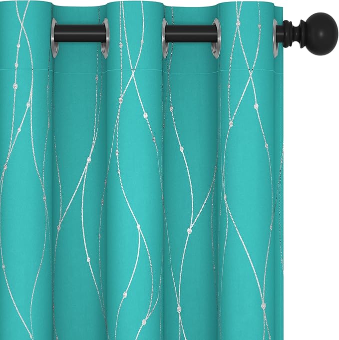 Deconovo Blackout Curtains, Thermal Insulated Soundproof Grommet Drapes, Wave Dots Silver Print, 42 x 54 Inch, Set of 2, Machine Washable Panels for Kitchen Bedroom Living Room Nursery, Turquoise