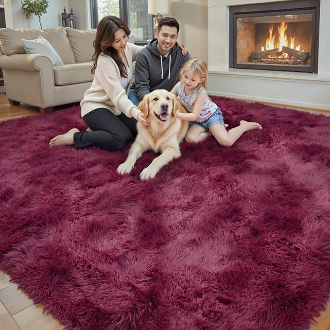 Area Rugs 9x12 Living Room, Shaggy Carpet Soft Plush Furry Bedside Rug Large Area Rugs for Bedroom Kids Girls Boys Home Decor Anti Slip(9 x 12, Burgundy)