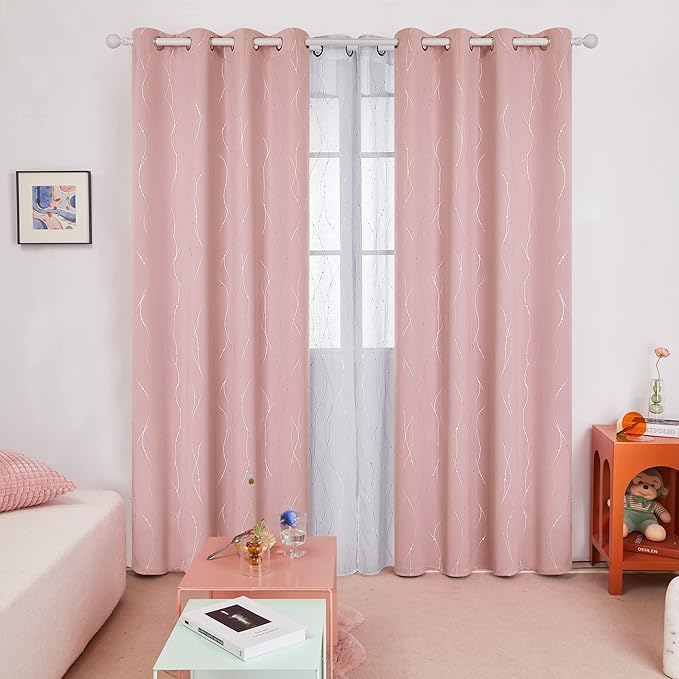 Deconovo Pink Blackout Curtains for Bedroom, Thermal Insulated Soundproof Pravicy Curtain, Silver Wave Dots Print, 52 x 108 Inch Long, Machine Washable Window Panels for Kids Room Nursery, Set of 2