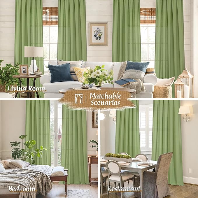 LAMIT Green Linen Curtains for Bedroom, Faux Linen Textured Light Filtering Drapes Rod Pocket Boho Neutral Room Decor Panels for Farmhouse/Living Room, 2 Panels, 52 x 72 Inch