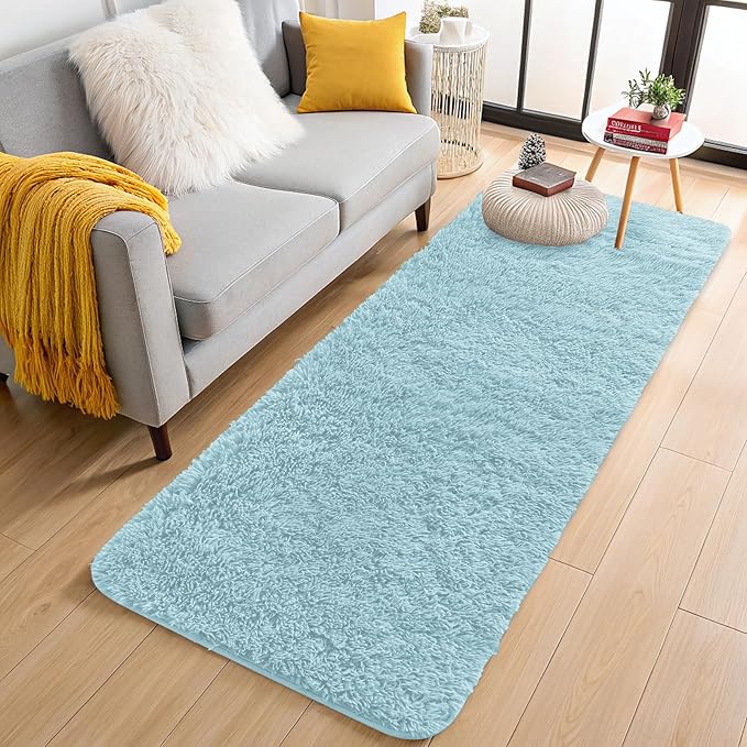 OLANLY 2x8 Machine Washable Runner Rugs for Hallway, Soft Fluffy Shaggy Bedside Rugs for Bedroom, Living Room, Indoor Floor Carpet for Kids Girls and Boys, Home Decor Aesthetic, Light Blue