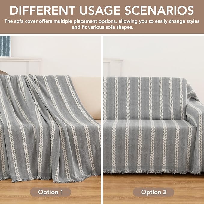 Couch Cover for Dogs, Boho Sofa Covers for 3 Cushion Couch, Chenille Sofa Slipcover for Pets Washable, L-Shape Sectional Loveseat Cover Soft Throw Blankets with Tassels(71x134,Striped Grey)