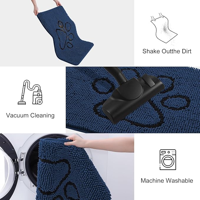 Smiry Dog Door Mat for Muddy Paws, Absorbent Dirt Trapper Non Slip Quick Dry Washable Chenille Mat for Mud Dogs, Entry Rug for Indoor and Outdoor (36x24 Inches, Dark Blue and Black)