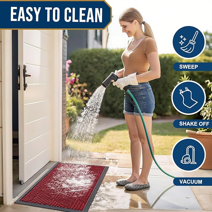 Smiry Front Door Mat Outside Entrance, Heavy Duty Sturdy Natural Rubber Doormat, Trap Dirt and Moisture, Easy Clean Low Profile Welcome Floor Mats for Indoor Outdoor Entry, 59x23 Inch, Wine Red