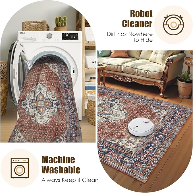 Washable Area Rug 9' x 12' Vintage Traditional Persian Mat - Foldable Distressed Non-Slip Machine Washable Carpet for Living Room Bedroom Kitchen Home Decor - Terracotta and Navy
