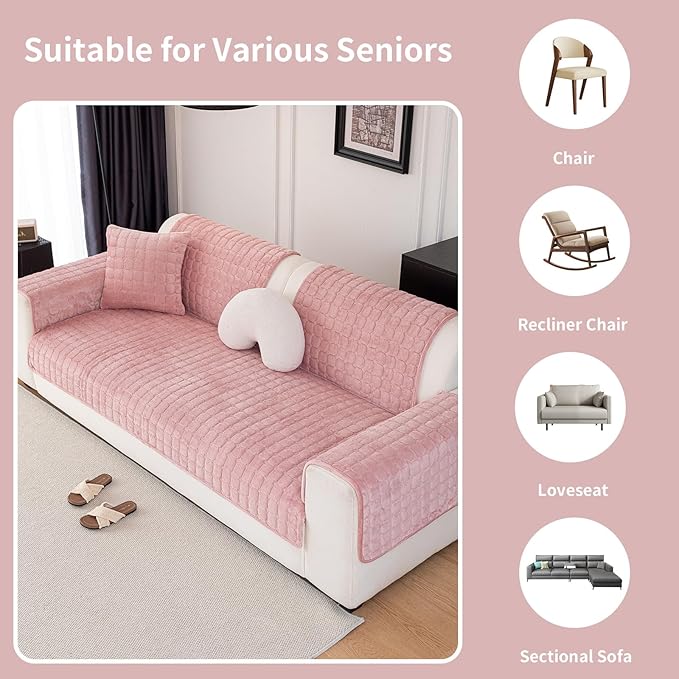 Velvet Couch Cover, Washable Sectional Sofa Cover, Anti Slip Sofa Slipcover for 3 Cushion Couch Sofa L Shaped Armrest Backrest, Furniture Protector Covers for Pets Kids(1PC,Pink,36"×71")