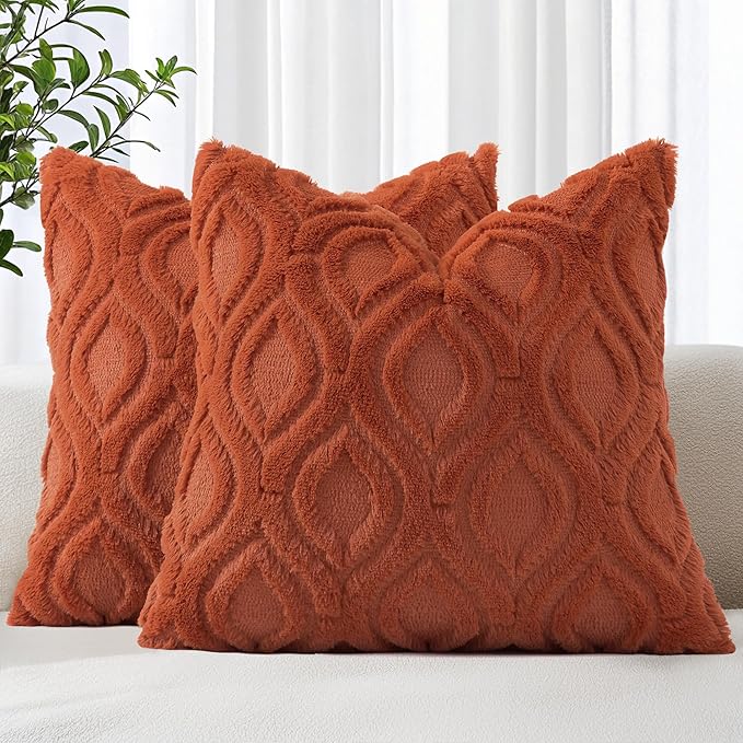 decorUhome Throw Pillow Covers 16x16 Inch Set of 2, Soft Plush Faux Wool Rust Solid Couch Pillow Covers, Accent Farmhouse Neutral Square Pillow Cases for Sofa Bed Living Room