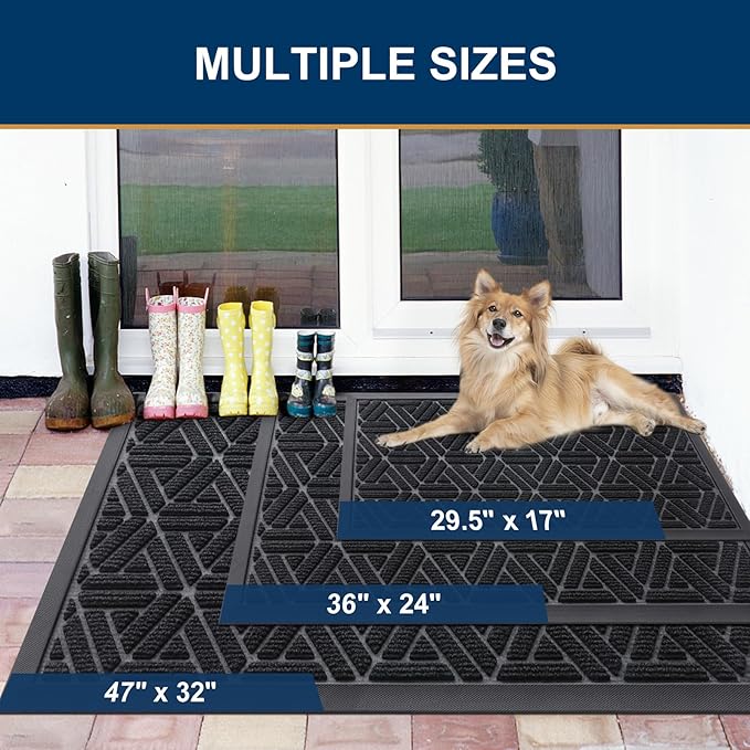 Smiry Front Door Mat Outside Entrance, Heavy Duty Sturdy Natural Rubber Doormat, Trap Dirt and Moisture, Easy Clean Low Profile Mats for Indoor Outdoor Entry, Grid Geometric (71x23, Black)