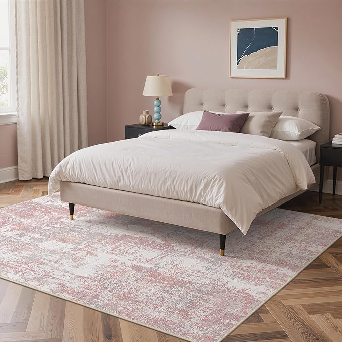 BEIMO Area Rugs 8x10 for Living Room Bedroom, Modern Abstract Machine Washable Rug, Large Soft Low Pile Floor Carpet with Non Slip Backing for Dining Room, Pink/Grey