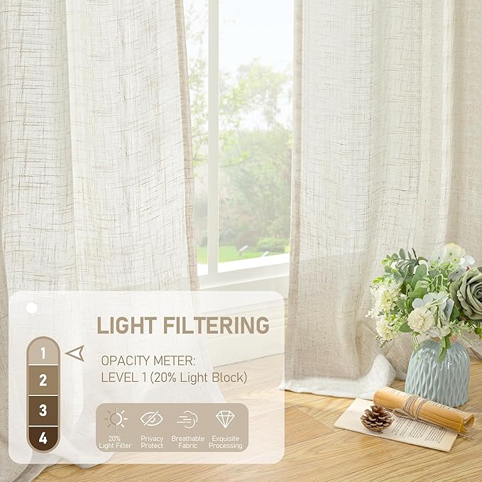 LAMIT 60 Inch Wide Linen Curtains 95 Inches Long, Ivory Cream Light Filtering Faux Linen Textured Bedroom Panels Semi Sheer Back Tab and Rod Pocket Boho Drapes for Living Room/Farmhouse, 2 Panels