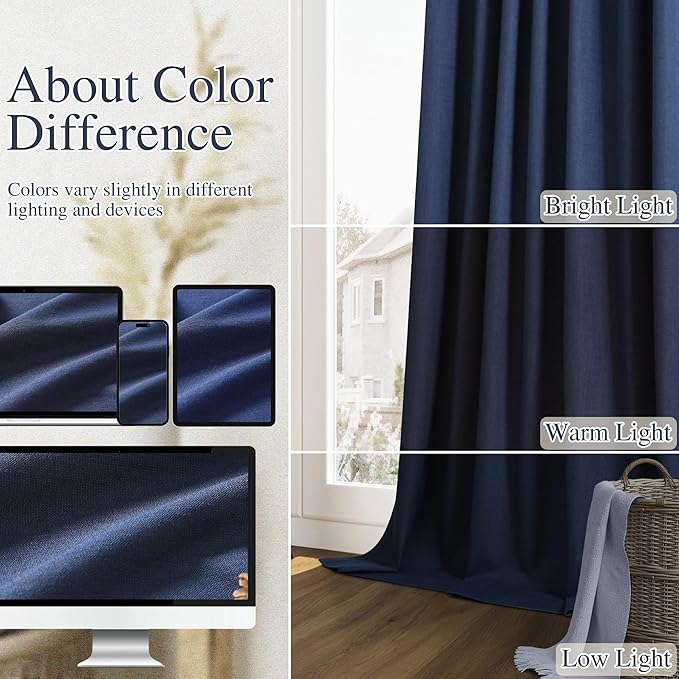 Guken Navy Blue 100% Blackout Curtains 96 Inch Length 2 Panels Set for Living Room Bedroom Back Tab Thermal Insulated Black Out Linen Drapes Room Darkening Window Curtains 96 Inches Long