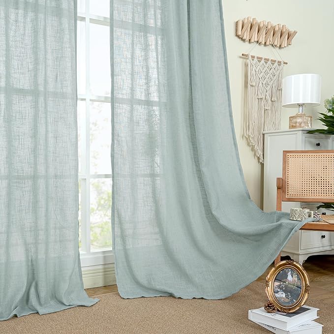LAMIT Semi Sheer Linen Curtains 36 Inch Length 2 Panels, Light Filtering Panels Back Tab and Rod Pocket Neutral Drapes for Bathroom/Kitchen/Loft Room, Greyish Blue, 25 x 36 Inch