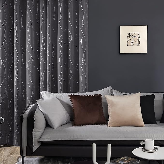 Deconovo Grey Blackout Curtains for Living Room, Thermal Insulated Soundproof Drapes, Wave Dots Foil Print, 52 x 95 Inches Long, 2 Panels, Machine‑Washable Window Panel for Bedroom Nursery Office
