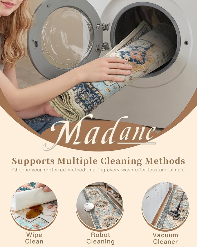 Madane Washable Runner Rug - 2x6 Rug Runners for Hallways 6 Foot Non Slip Vintage Kitchen Runner Rug Ultra-Thin Bathroom Runner Rugs Carpet Laundry Room Bedroom (2x6ft, Orange/Blue)