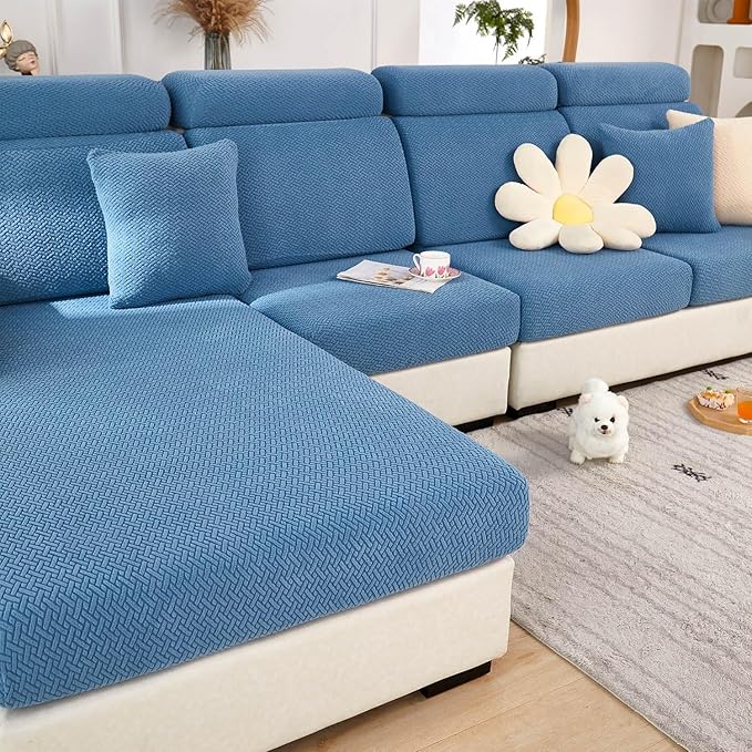 Sofa Covers Couch Covers for Sofa Pet Friendly Couch Cushion Covers Universal Sofa Covers Washable Stretch Slipcovers for Sectional Sofa (Texture Blue, 3 Seats + Chaise Cover)