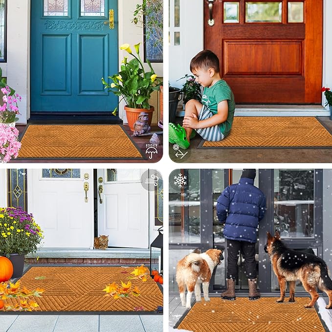 Smiry Front Door Mat Outside Entrance, Heavy Duty Sturdy Natural Rubber Doormat, Trap Dirt and Moisture, Easy Clean Low Profile Mats for Indoor Outdoor Entry, Irregular Triangle (29.5x17, Amber)