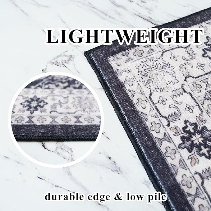 Hallway Washable Runner Rug - 3x10 Kitchen Rugs Entryway Rug Runner Vintage Soft Floor Mat Non Slip Indoor Farmhouse Carpet for Bathroom Living Room Bedroom (3 X 10, Black)