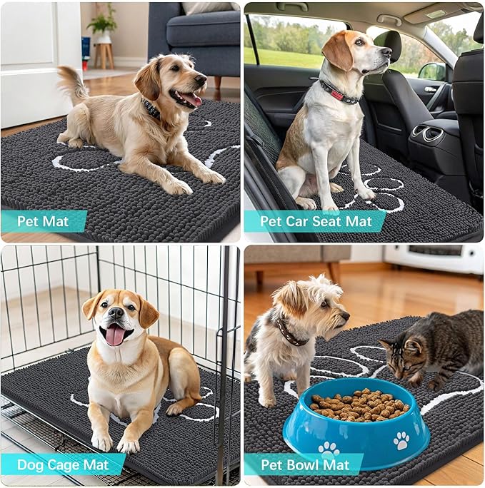 OLANLY Dog Door Mat for Muddy Paws 44x32, Paw Print Design, Absorbs Moisture and Dirt, Absorbent Non-Slip Washable Doormat, Quick Dry Chenille Mud Mat for Dogs, Entry Indoor Entryway Carpet, Dark Grey