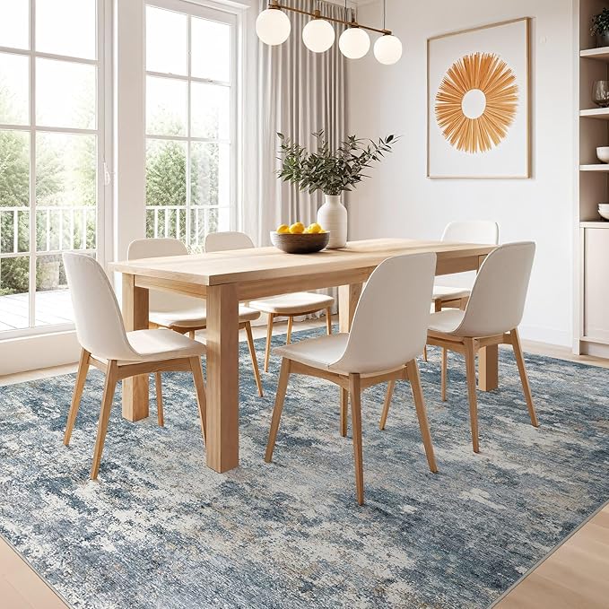 Nakagishi 7x9 Area Rugs Living Room: Washable Abstract Large Neutral Soft Rug Stain Resistant Modern Indoor Floor Non-Slip Carpet for Bedroom Nursery Kids Playroom Office Dining Room Dorm-Blue Brown