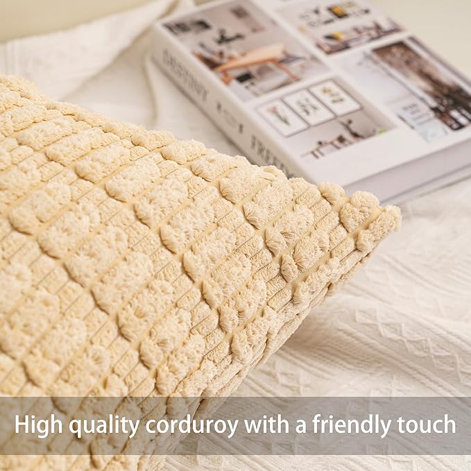 Corduroy Decorative Throw Pillow Covers 14x36 Inch Soft Striped Pillow Covers Modern Farmhouse Home Decor for Sofa Living Room Couch Bed（Beige）