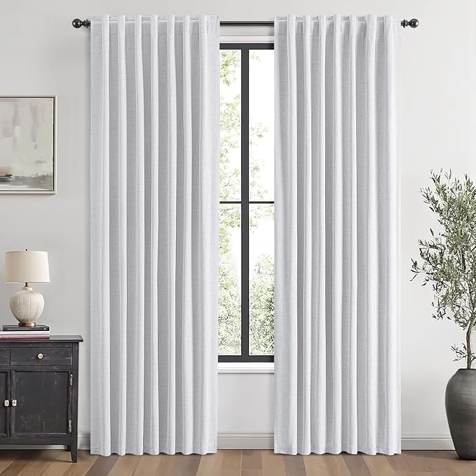 MIULEE 100% Blackout Linen Curtains for Bedroom, Grayish White Solid Luxury Decor Thermal Insulation Room Darkening Drapes for Living Room Nursery Back Tab Rod Pocket 42 x 84 Inches, 2 Panels
