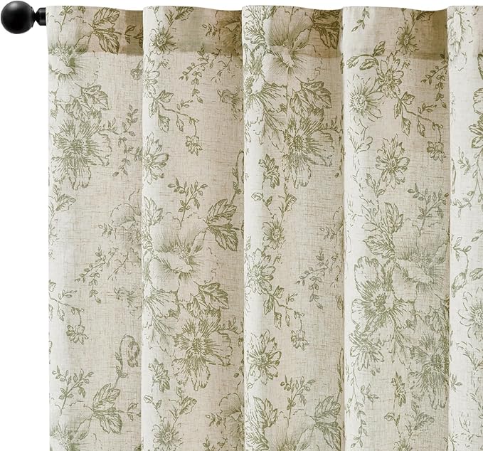 jinchan Linen Blend Floral Curtains for Living Room 90 Inch Length Farmhouse Printed Curtain Rod Pocket Back Tab Sage Green Peony Flower Patterned Drapes Bedroom Curtains Set 2 Panels