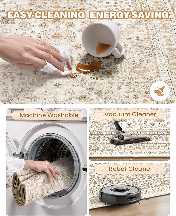 Entryway Rug - 2x3 Washable Rug Runner for Bathroom, Laundry Room, Kitchen, Soft Vintage Hallway Runner for Bedroom, Non-Slip Door Mat Indoor Entrance(Cream/Beige,2'x3')