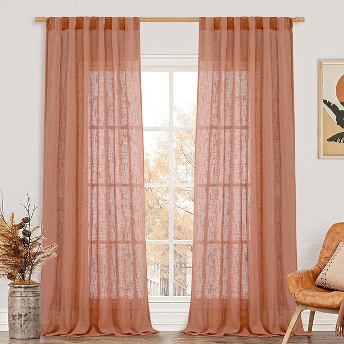 LAMIT Linen Curtains for Living Room 120 Inches Long, Back Tab and Rod Pocket Semi Sheer Panels Light Filtering Farmhouse Drapes for Bedroom/Dining Room, Terracotta, Set of 2, 52 x 120 Inch